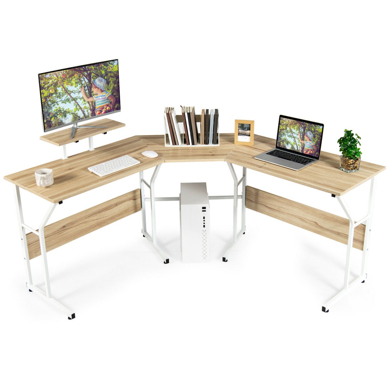 88.5'' L Shaped Reversible Computer Desk 2 Person Long Table Monitor Stand - Oak