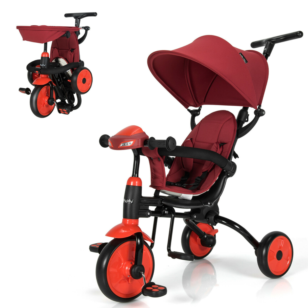 6-in-1 Foldable Baby Tricycle Toddler Bike Stroller W/ Adjustable Handle - Red