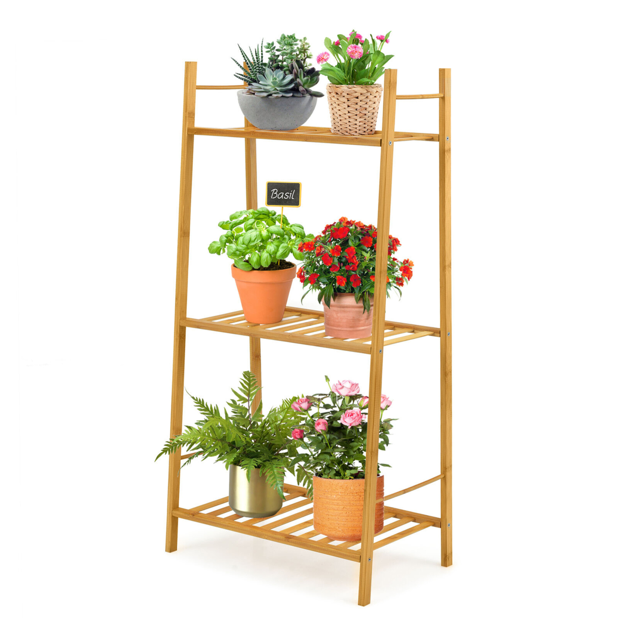 Bamboo Plant Stand 3 Tiers Plant Rack Vertical Tiered Plant Ladder Shelf - Natural