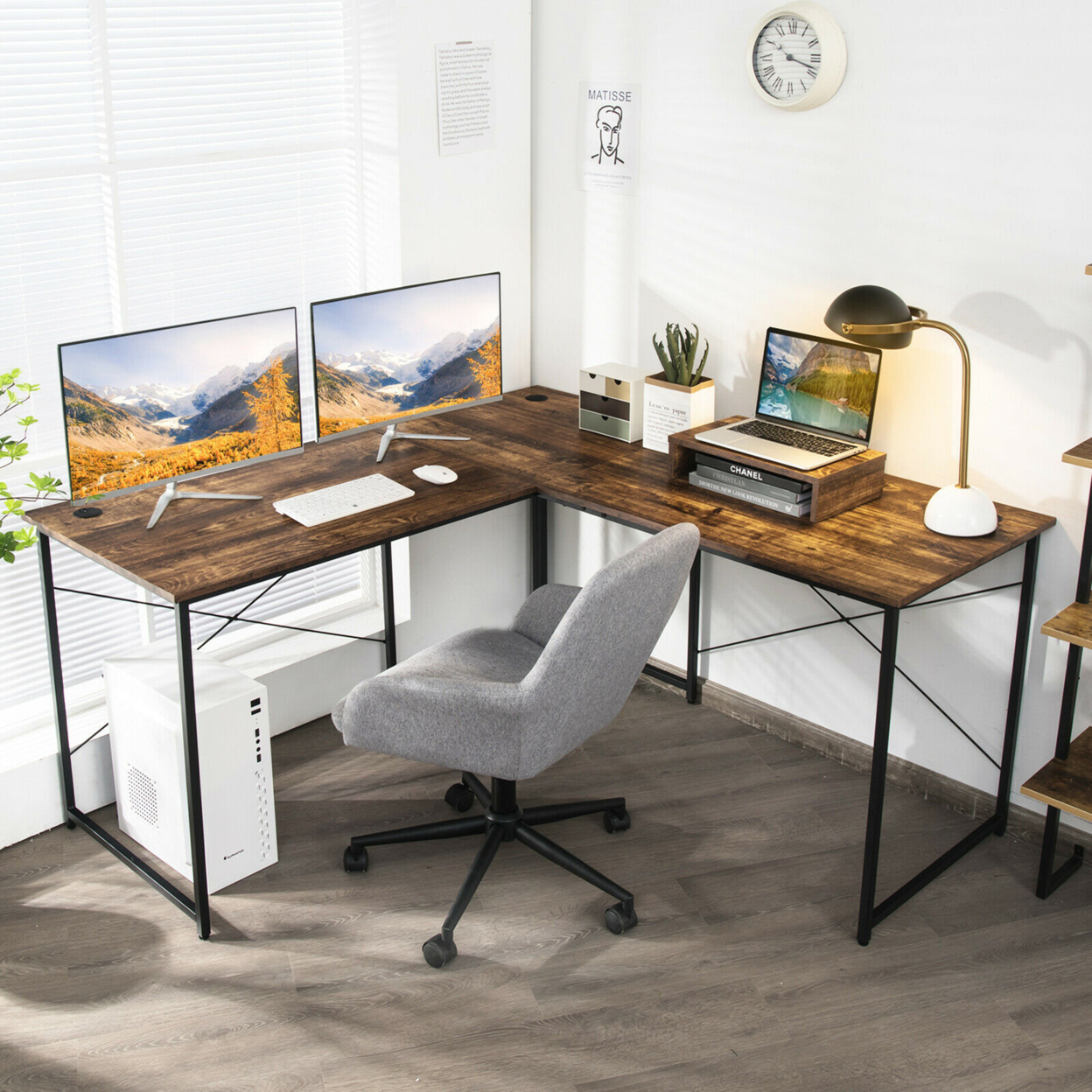 L-Shaped Reversible Computer Desk 2-Person Long Table W/Monitor Stand - Rustic Brown