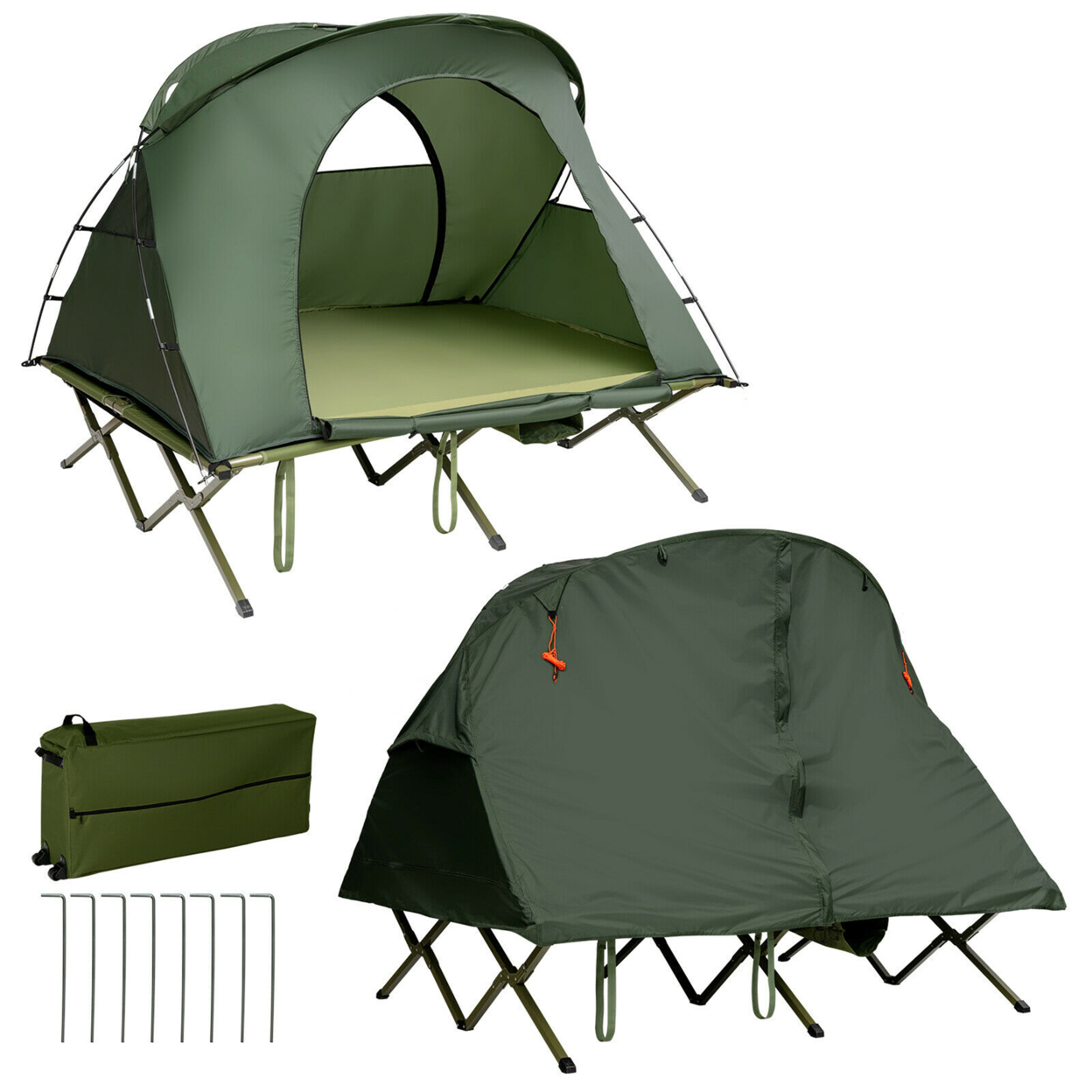 2-Person Outdoor Camping Tent Cot Elevated Compact Tent Set W/ External Cover - Green