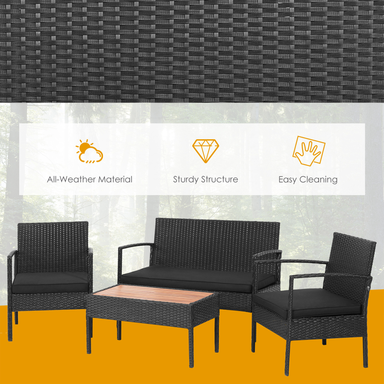 4PCS Rattan Patio Conversation Furniture Set Outdoor Sofa Set W/ Black Cushions