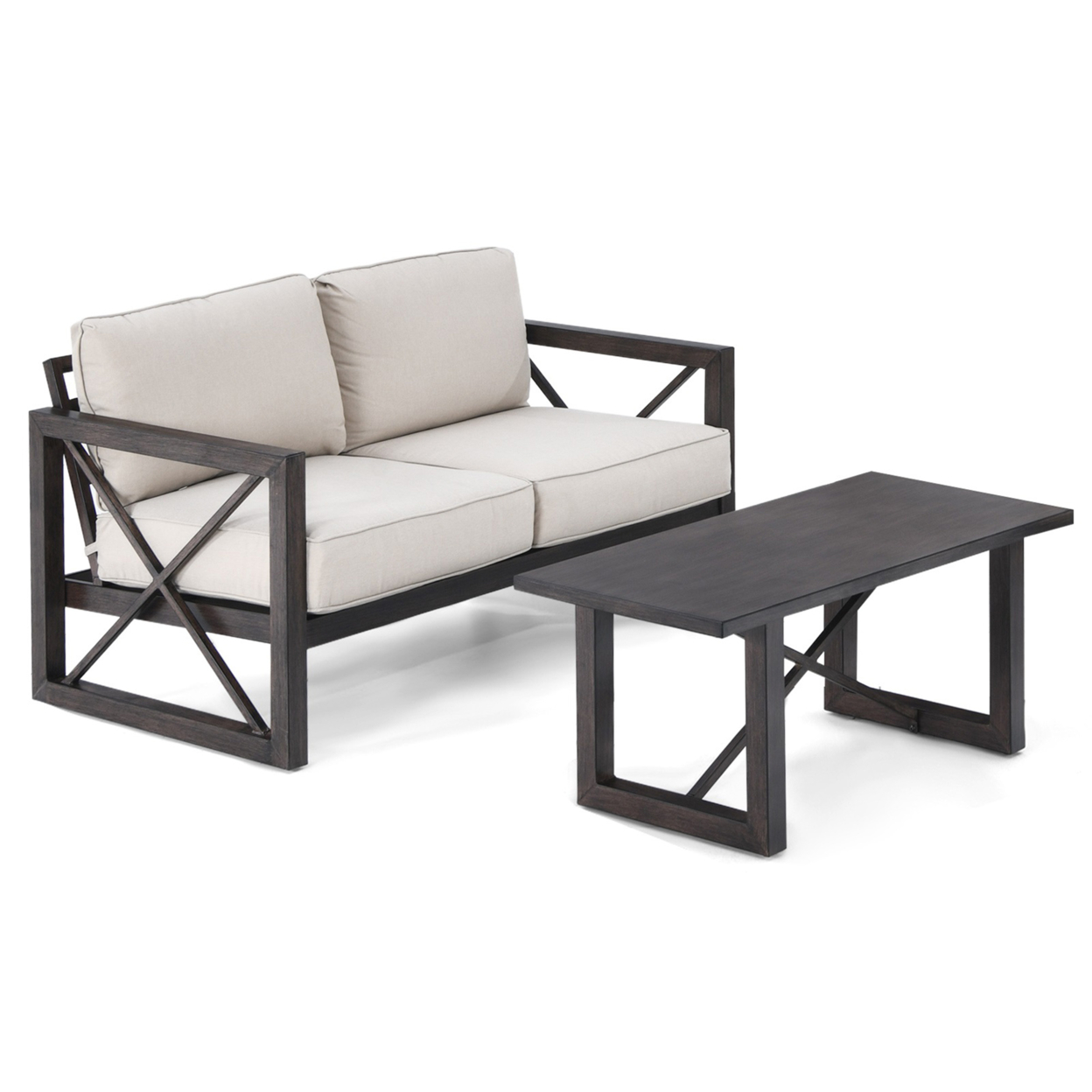 2PCS Patio Loveseat & Table Set Cushioned Outdoor Conversation Furniture Set