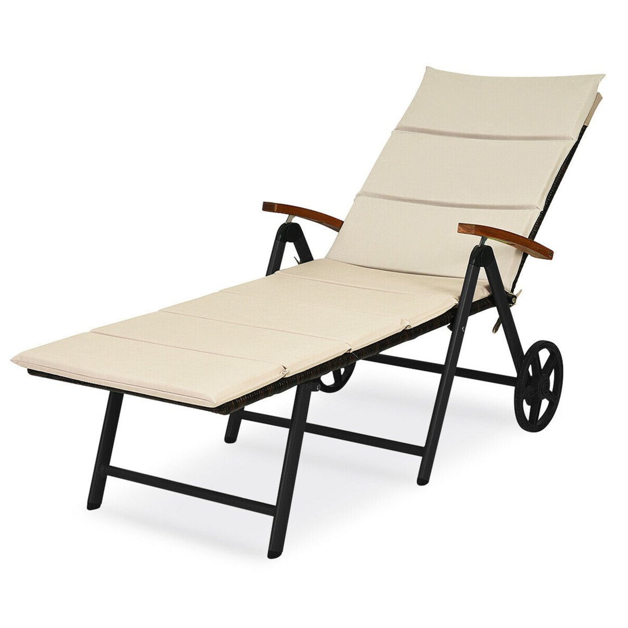 Folding Patio Rattan Lounge Chair Chaise Aluminum W/ Cushion & Wheel