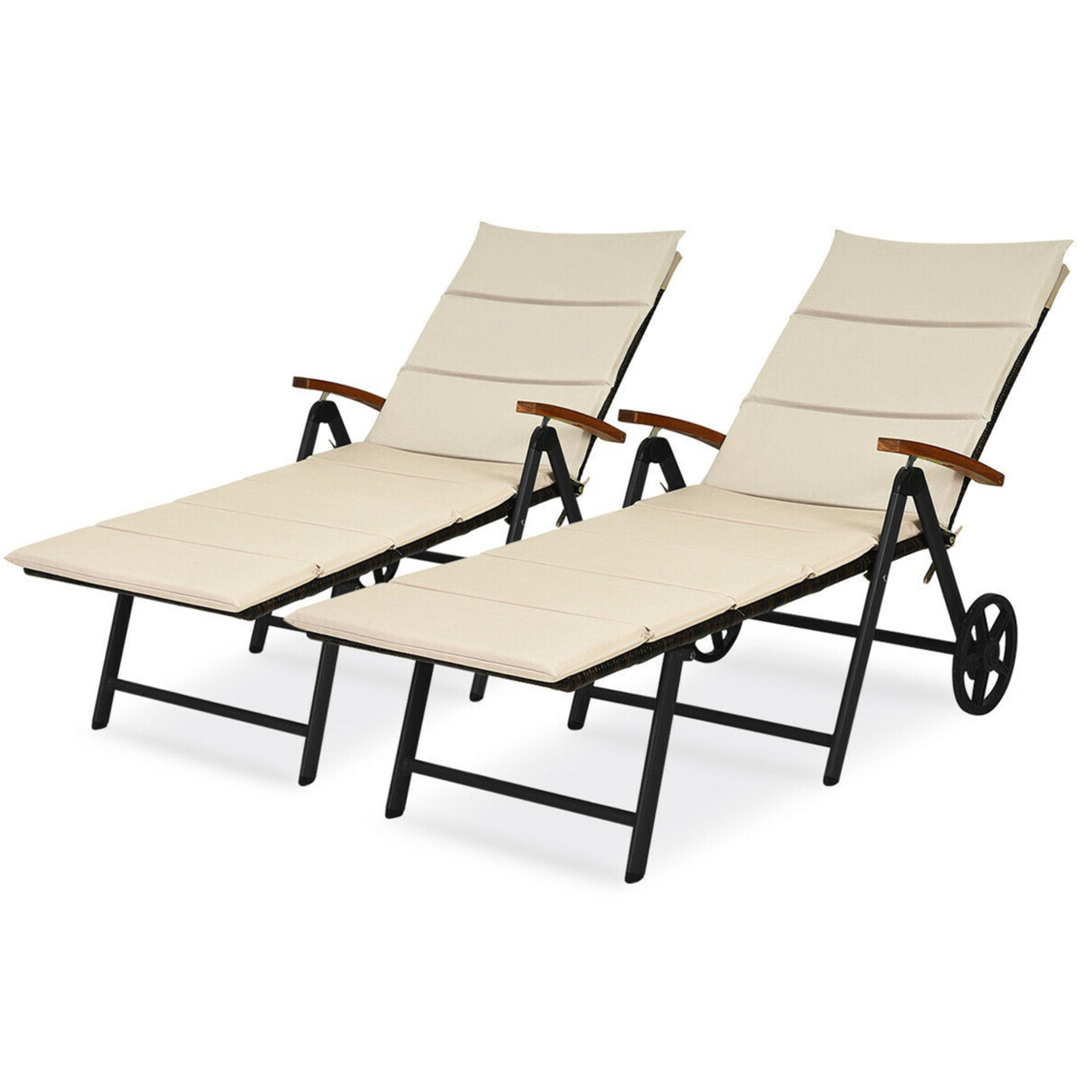 2PCS Folding Patio Rattan Lounge Chair Chaise Aluminum W/ Cushion & Wheel