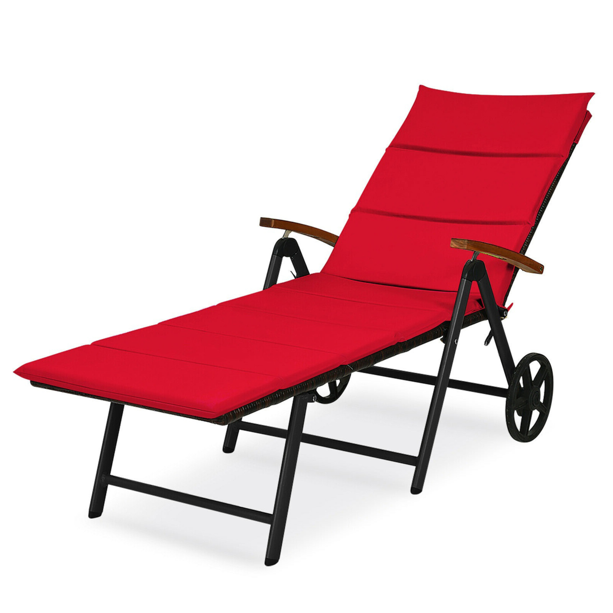 Folding Patio Rattan Lounge Chair Chaise Aluminum W/ Wheel & Red Cushion