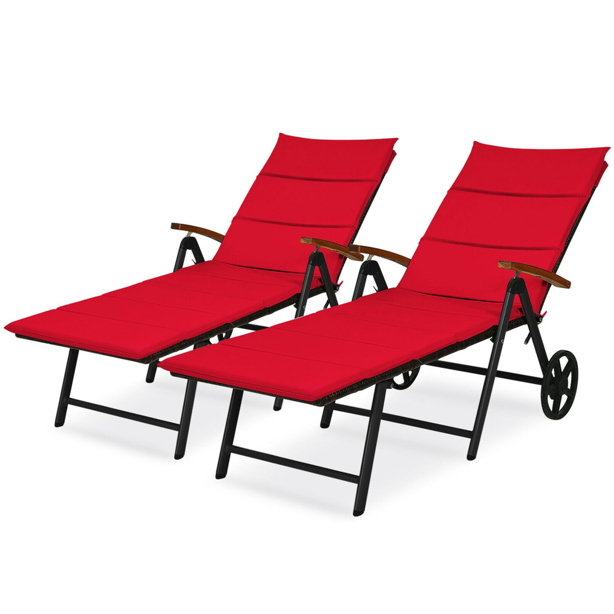 2PCS Folding Patio Rattan Lounge Chair Chaise Aluminum W/ Wheel & Red Cushion