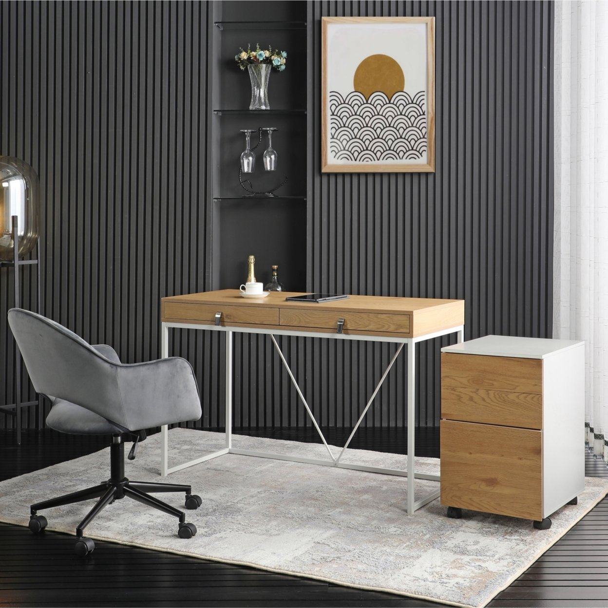 Aleyna Desk-2 Storage Drawers-Leather Drawer Handle-Powder Coated Steel Legs - natural/white