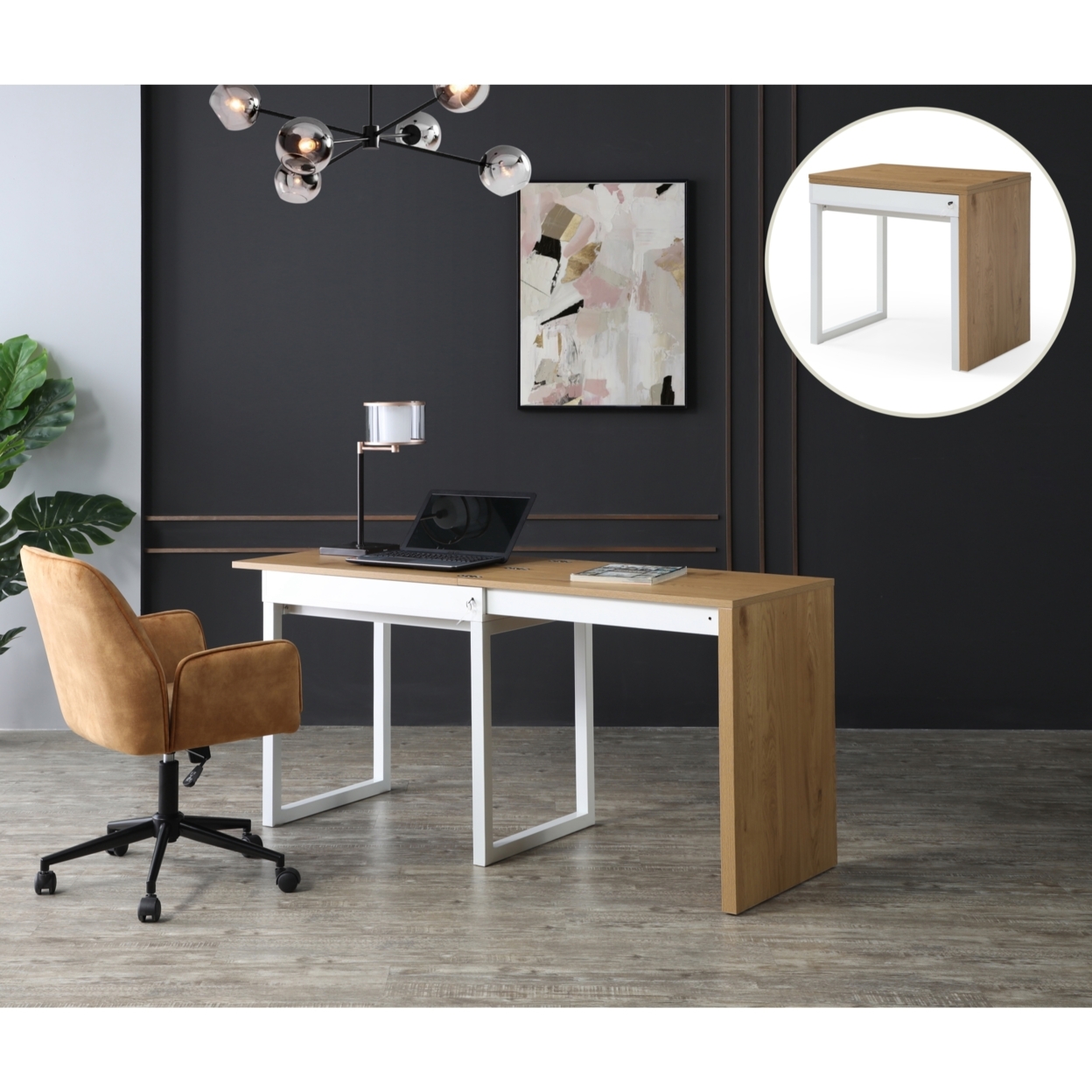 Ashly Desk-Extendable, Space Saving Design-2 Top Open Storage Compartments-A Lock with a Key - natural/white