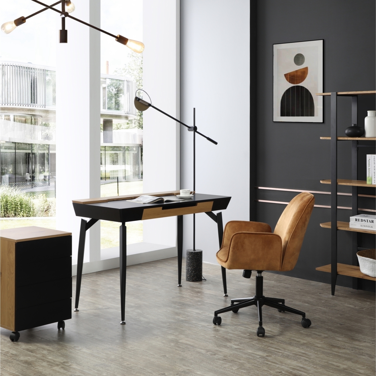 Carmela Desk-3 Storage Drawers, Extra Storage on Top-Adjustable Foot Pads-Cable Management - black/natural