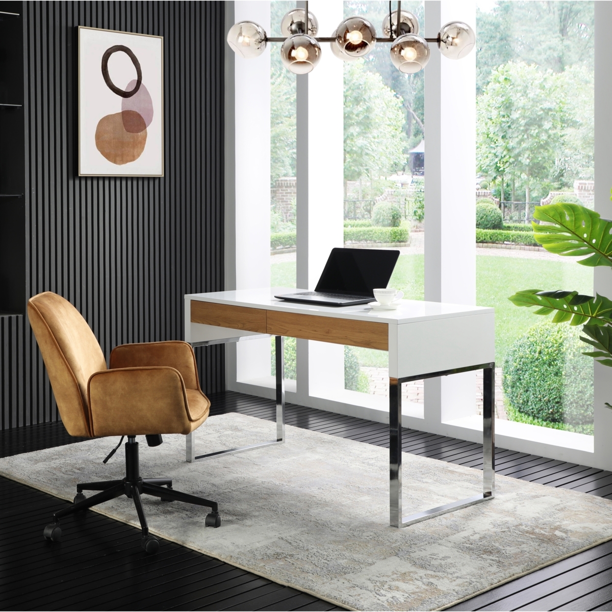 Iyla Desk-2 Storage Drawers-Geometric Frame-Open Base Design - White/silver