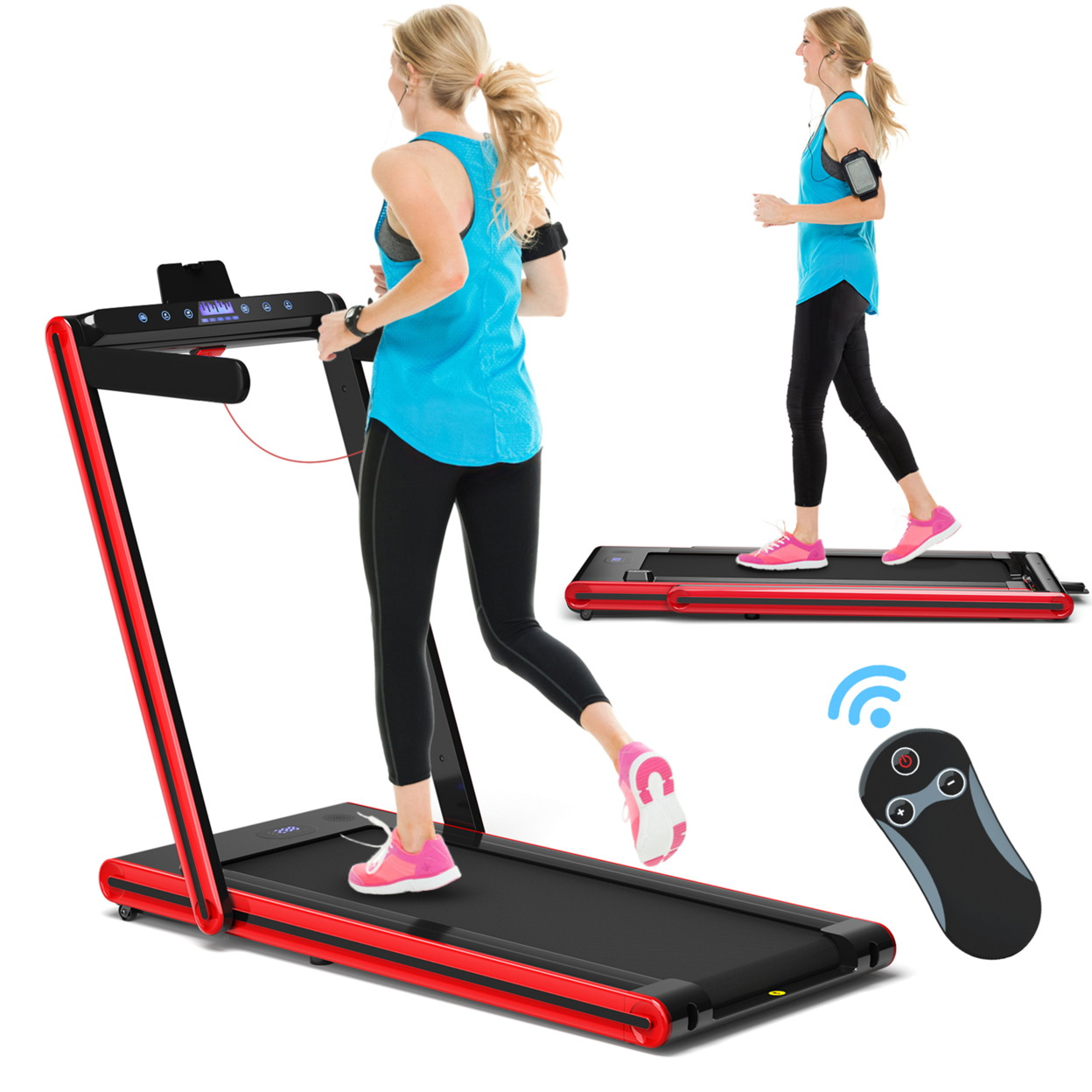 2.25HP Folding Treadmill 2-in-1 Walking Running Machine W/ APP & Remote Control - Red