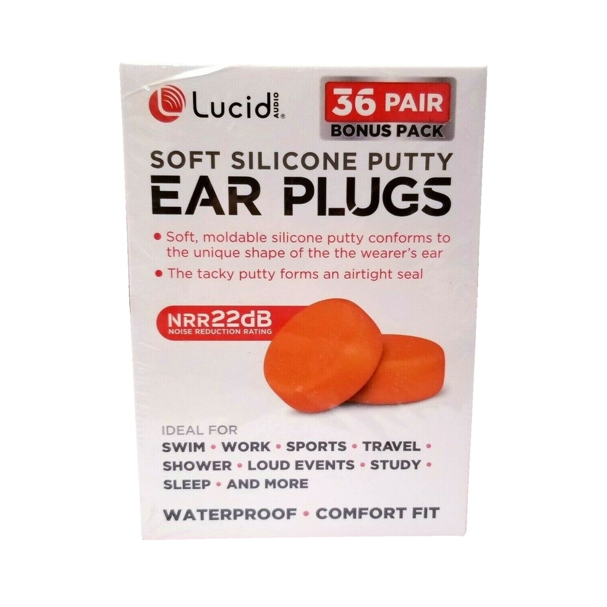 Lucid Audio Soft Silicone Putty Ear Plugs, 36 Pair