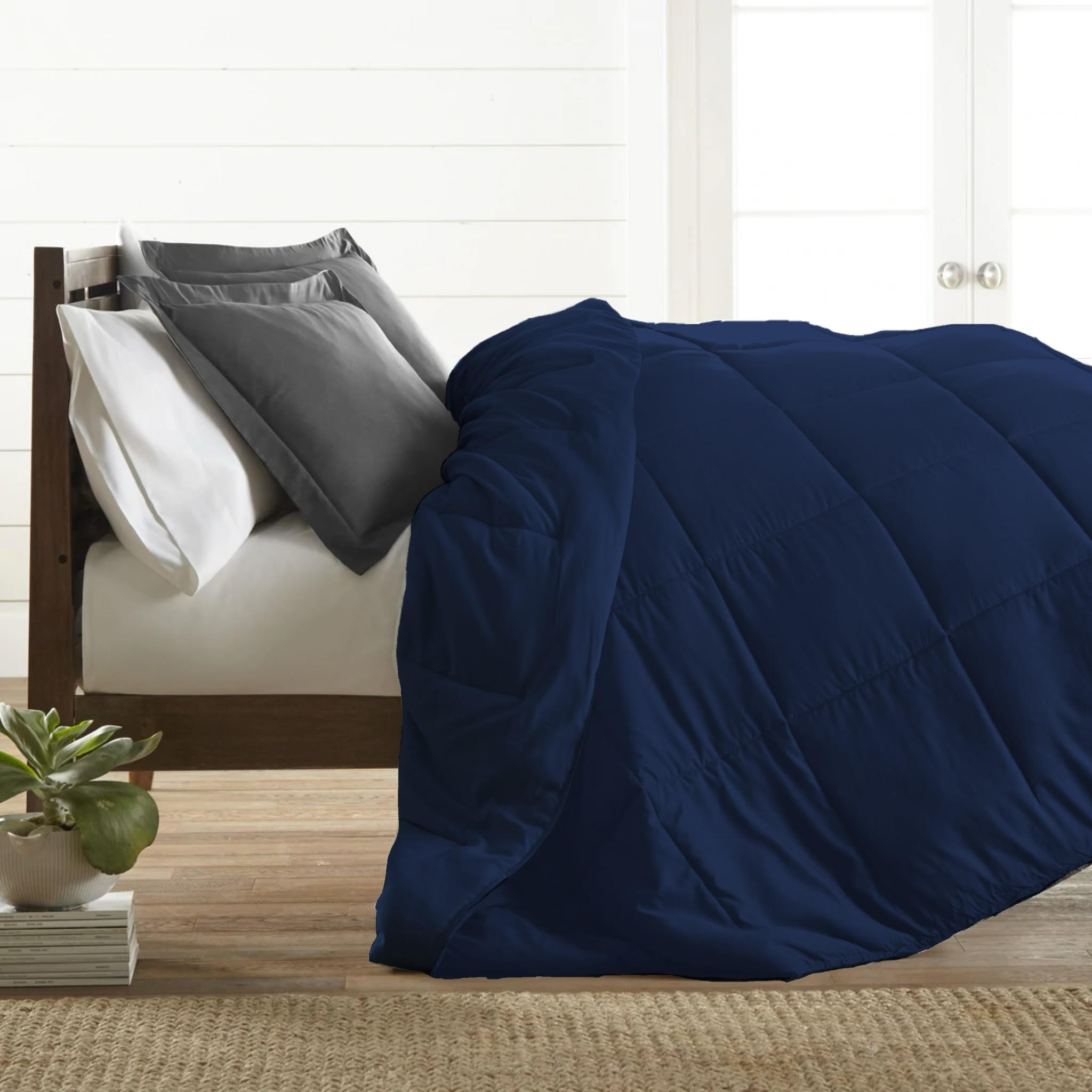 Bamboo Elegance Reversible Comforter - Premium Down Alternative Filling, Blended Cover, Soft, Quilted, Duvet Insert, Season, Warm and Fluffy - Navy,