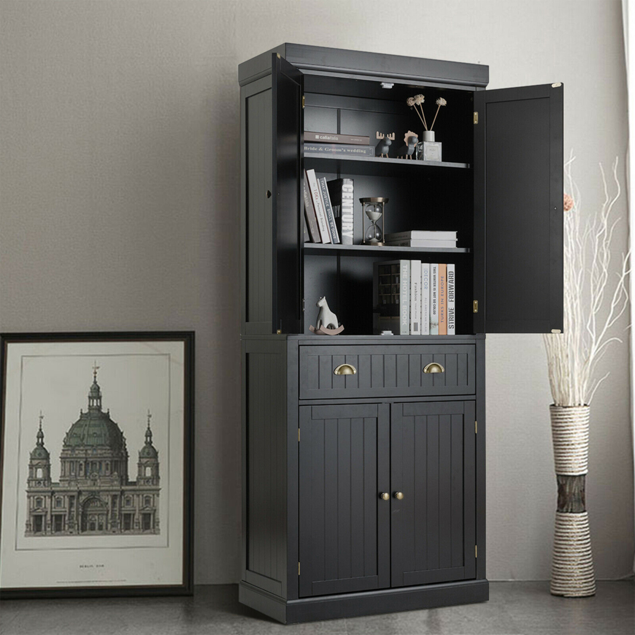 Kitchen Cabinet Pantry Cupboard Freestanding W/Adjustable Shelves Black