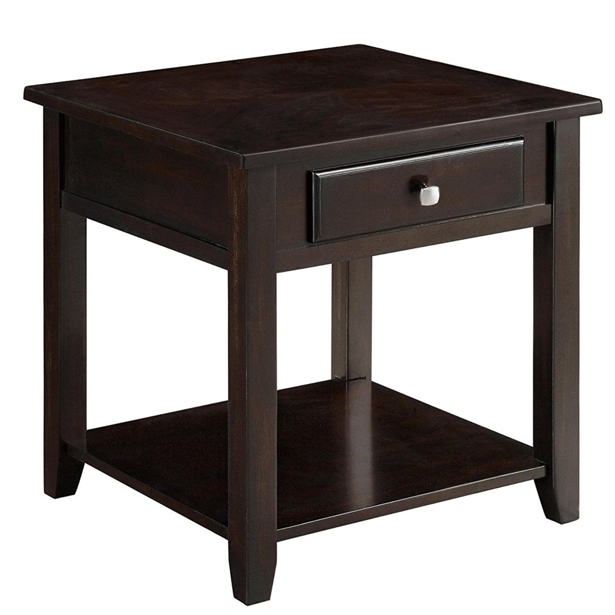Wooden End Table With Drawer And Bottom Shelf, Walnut Brown- Saltoro Sherpi