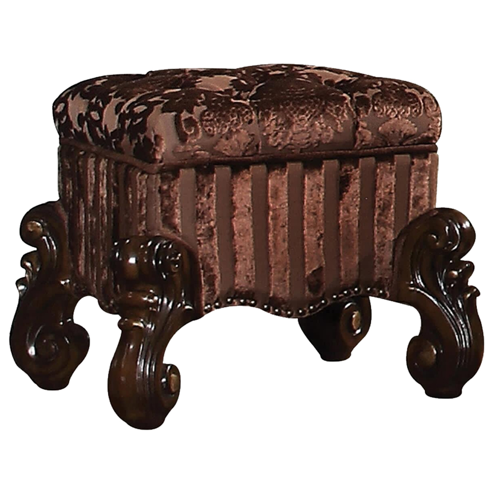 Tufted Fabric Upholstered Wooden Vanity Stool With Scrolled Legs, Cherry Oak Brown- Saltoro Sherpi