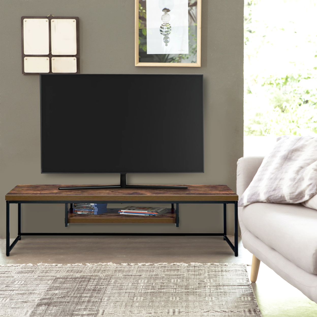 Rectangular Wood And Metal TV Stand With One Shelf, Brown And Black- Saltoro Sherpi