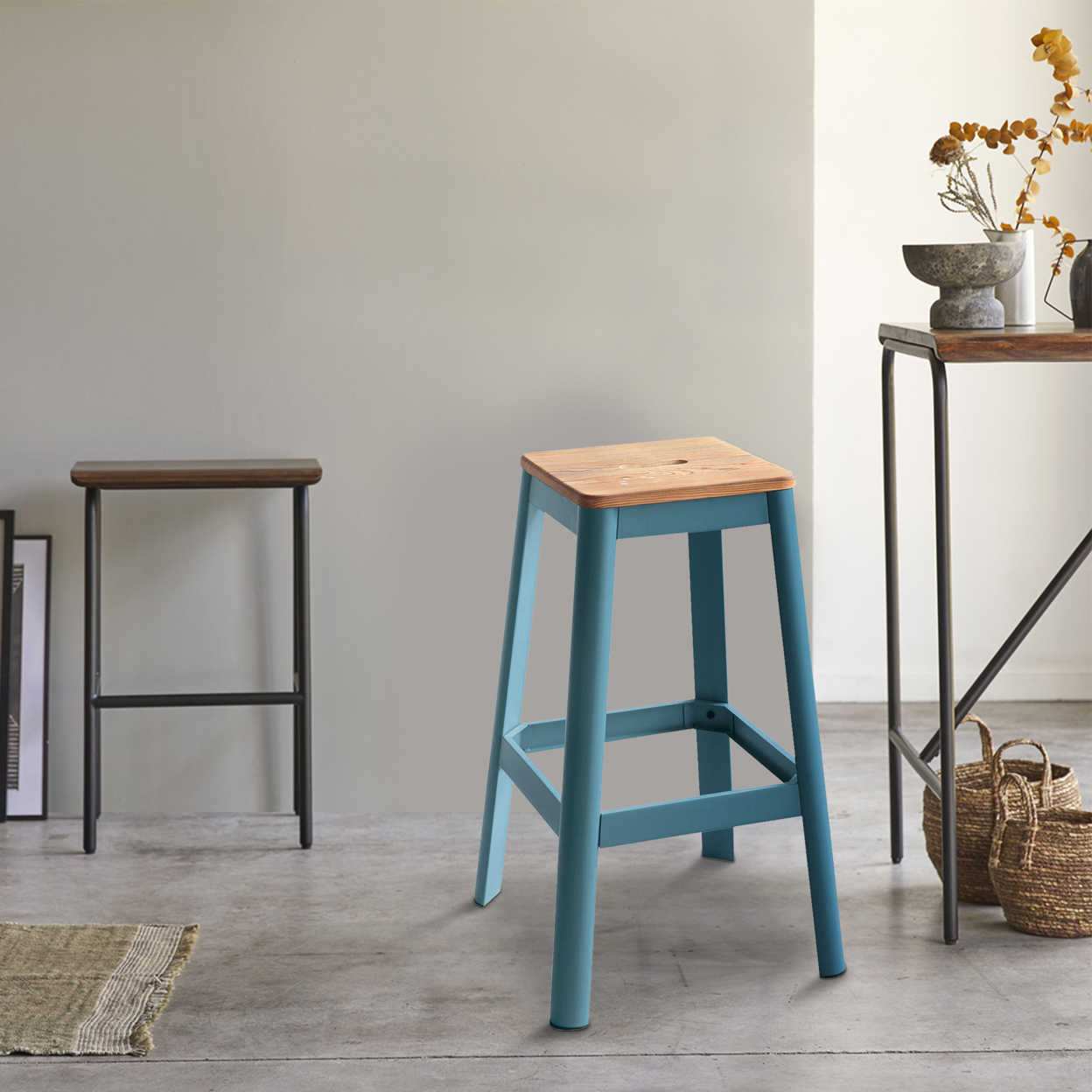Industrial Style Metal Frame And Wooden Bar Stool, Brown And Blue- Saltoro Sherpi