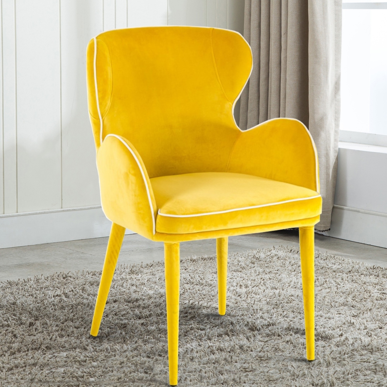 Fabric Upholstered Wing Back Design Dining Chair With High Curvy Arms, Yellow- Saltoro Sherpi