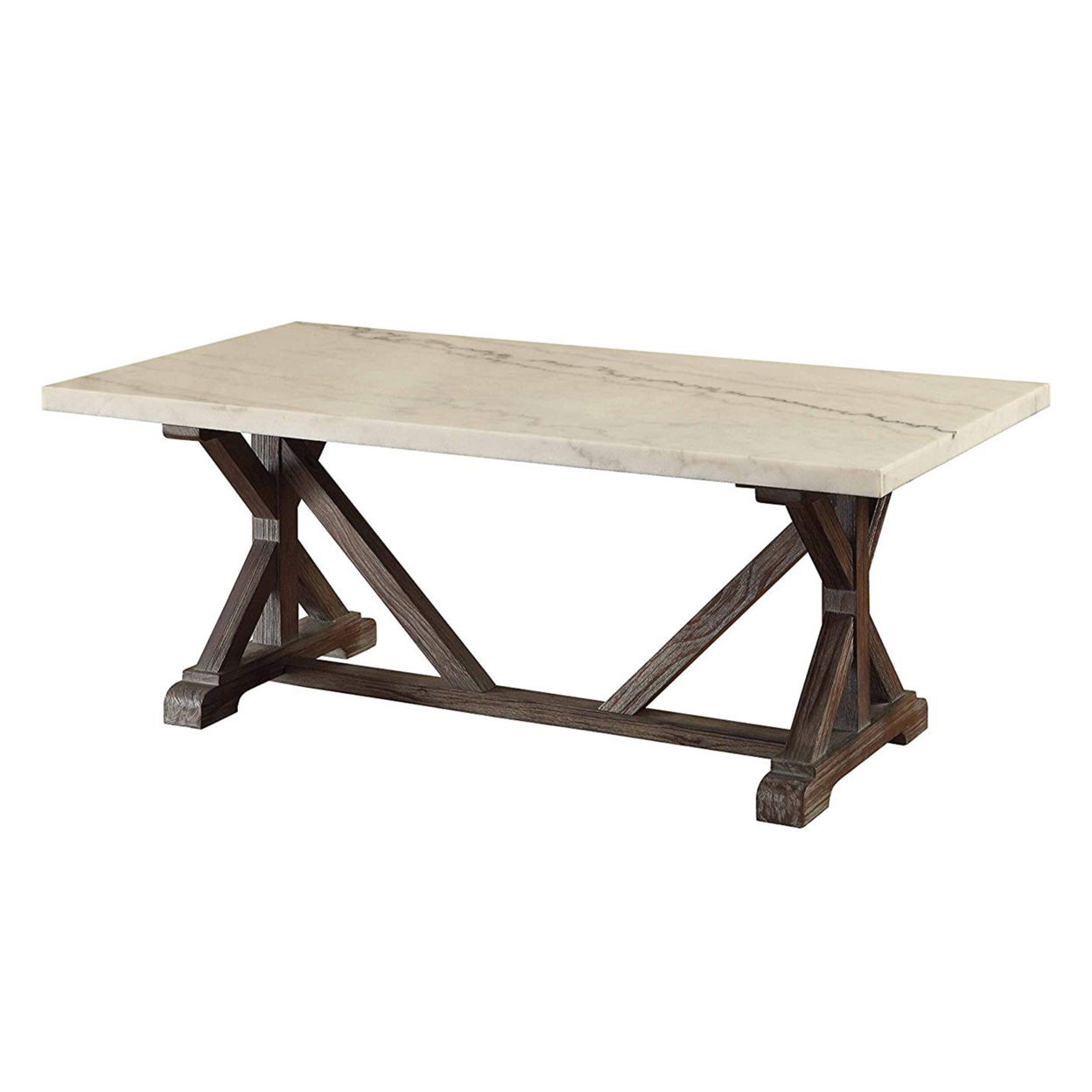 Marble Rectangle Shaped Coffee Table With Wooden Trestle Base, White And Espresso Brown- ACME
