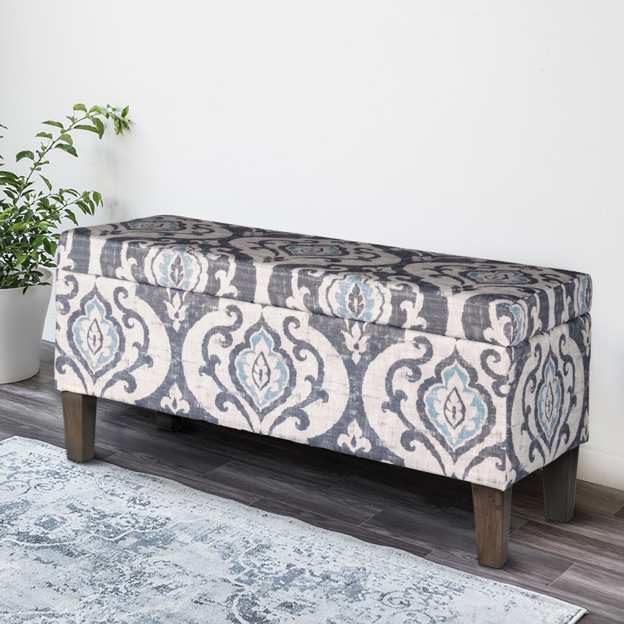 Damask Patterned Fabric Upholstered Wooden Bench With Hinged Storage, Large, Multicolor- Saltoro Sherpi