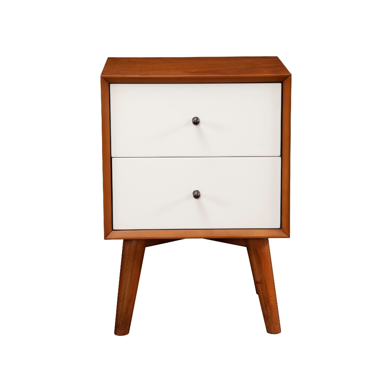 Stylish Wooden Nightstand With Two Drawers And Flared Legs, Brown And White- Saltoro Sherpi