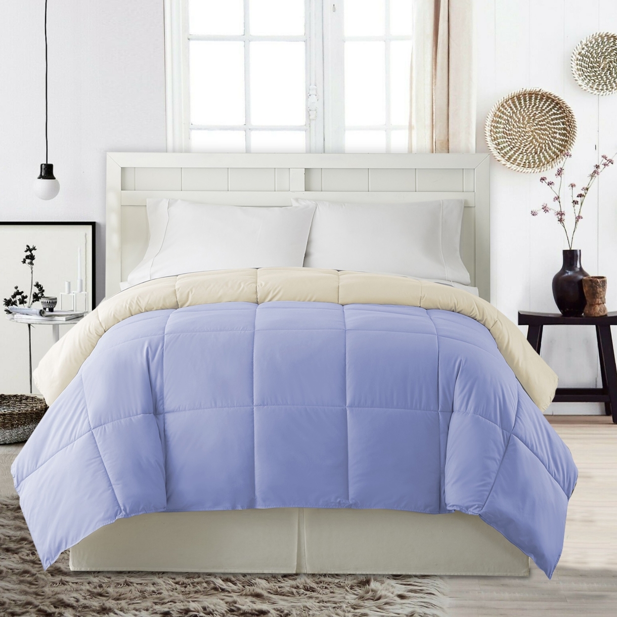 Genoa King Size Box Quilted Reversible Comforter The Urban Port, Blue And Cream- Saltoro Sherpi