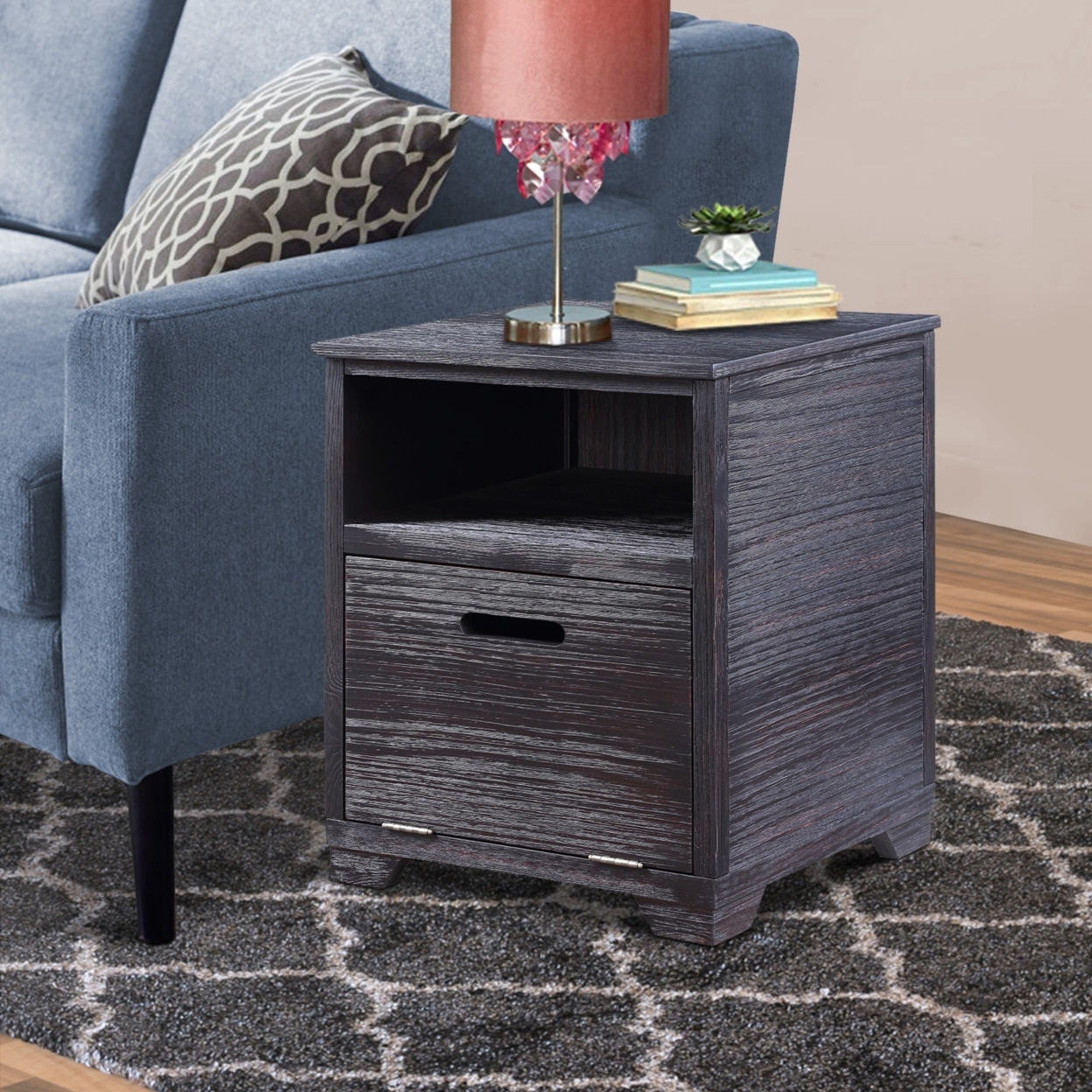 Rugged Textured Wooden End Table With Drop Down Storage, Black- Saltoro Sherpi
