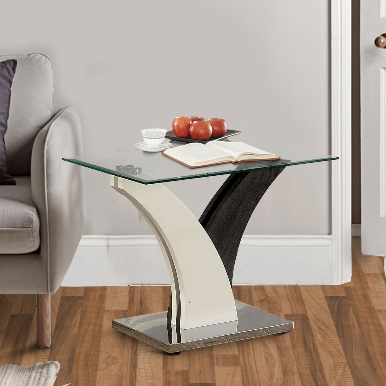 Modern Two Tone Flared Base End Table With Glass Top, White And Gray- Saltoro Sherpi