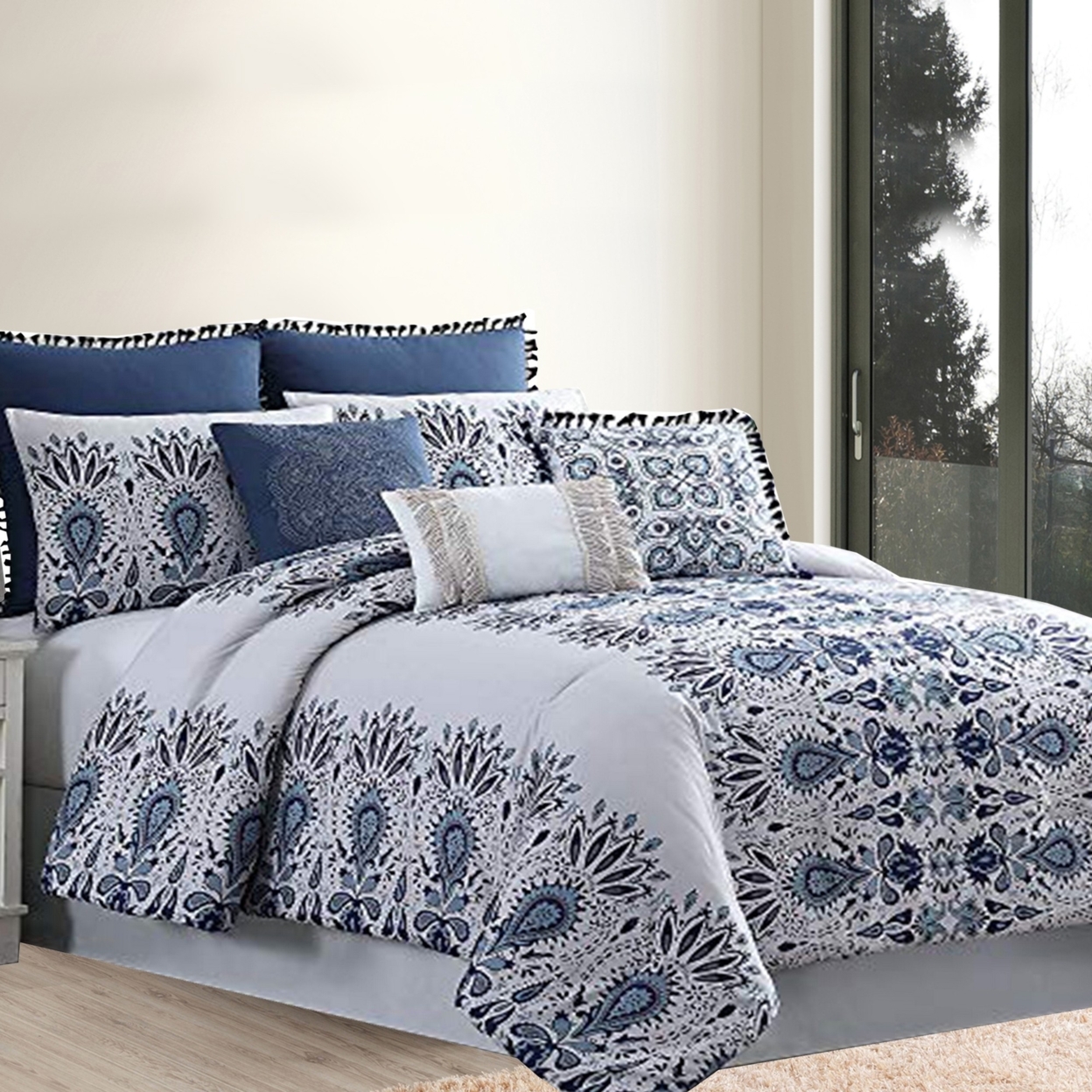 Constana 8 Piece King Comforter Set With Floral Print The Urban Port, Blue And White- Saltoro Sherpi