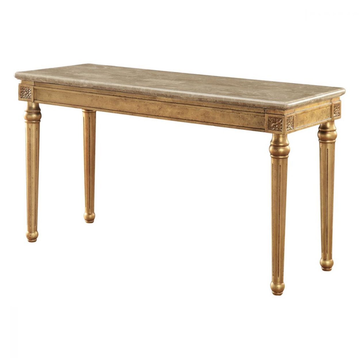 Marble Top Sofa Table With Fluted Detail Wooden Turned Legs, Gold- Saltoro Sherpi