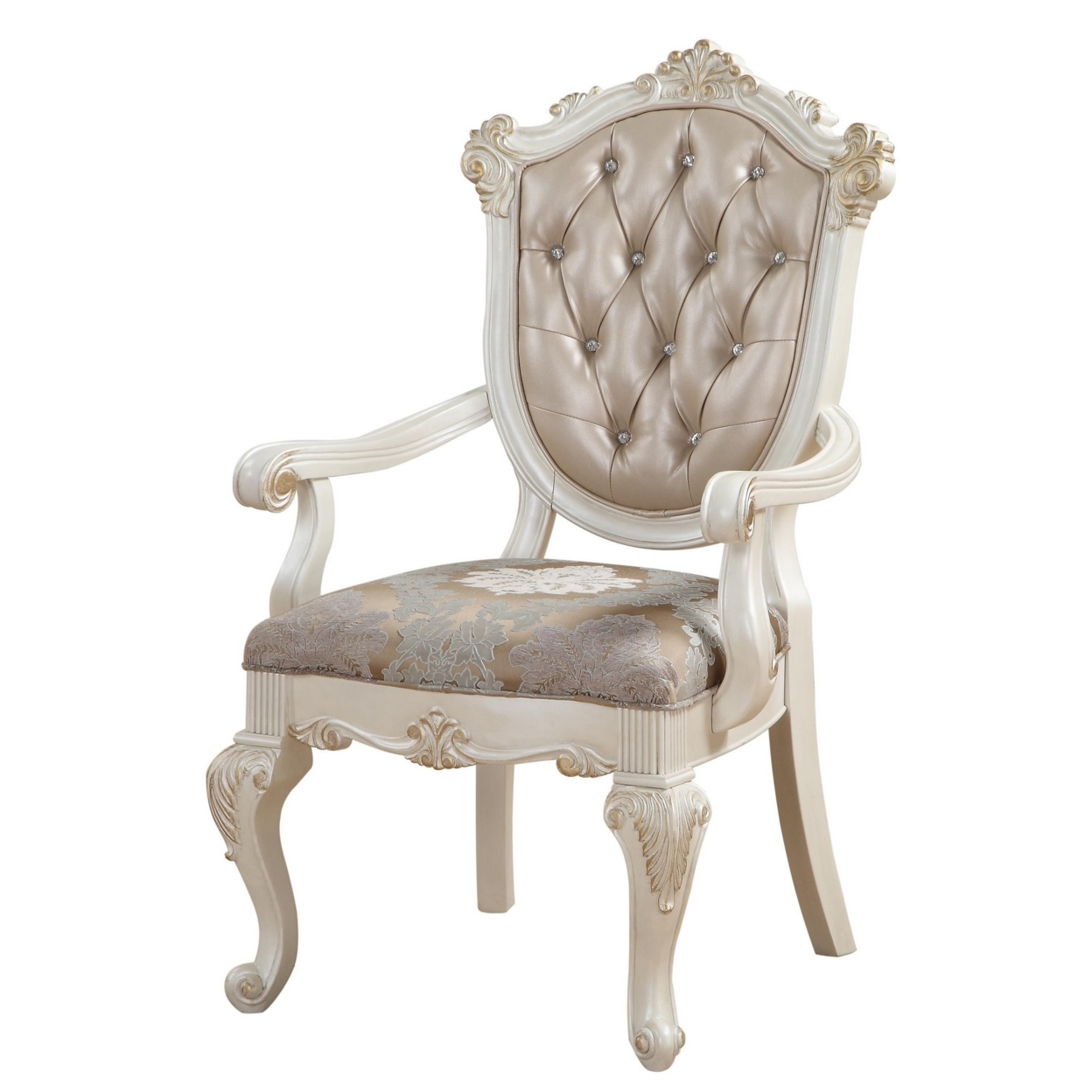 Wooden Arm Chair With Floral Patterned Padded Seat, Set Of 2,White And Gold- Saltoro Sherpi