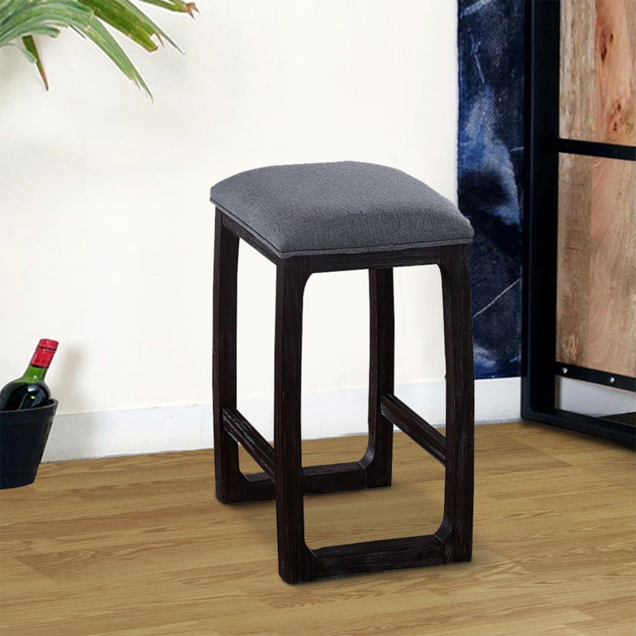 Wooden Counter Height Stool With Fabric Upholstered Seat, Gray And Brown- Saltoro Sherpi