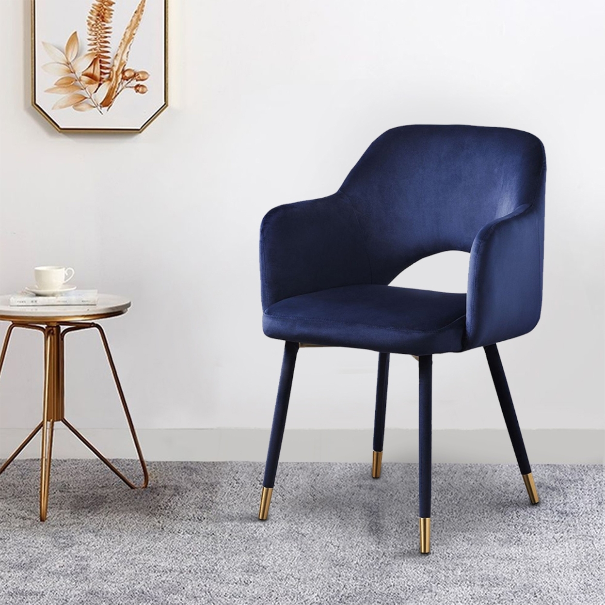Velvet Padded Accent Chair With Open Back And Angled Legs, Blue And Gold- Saltoro Sherpi