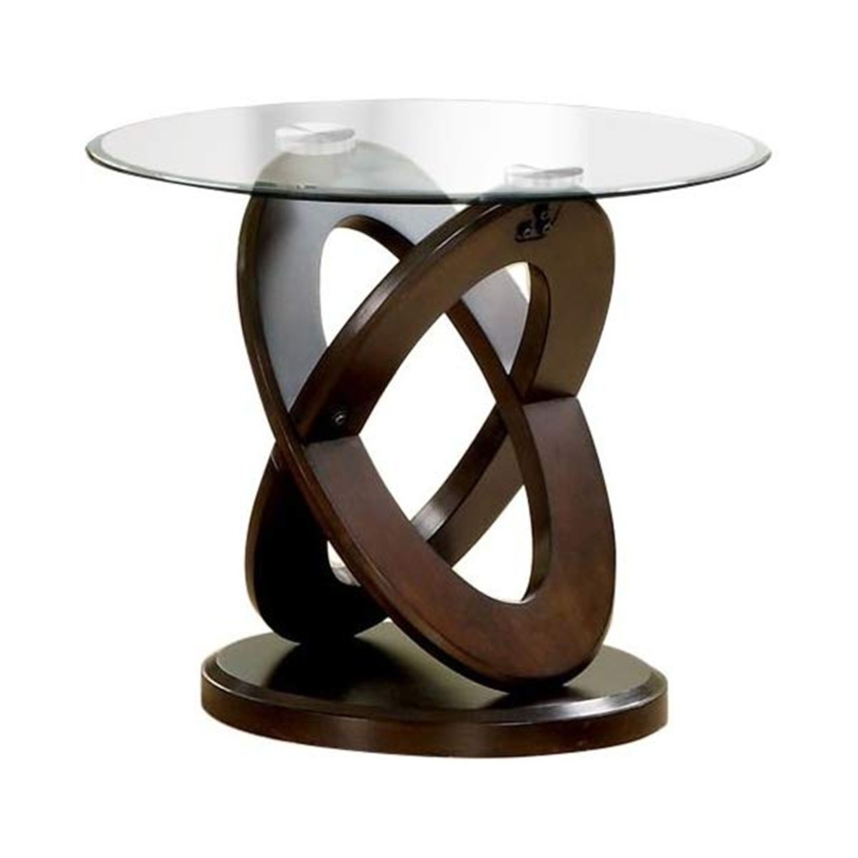 Cross Oval Base End Table With Round Glass Top, Brown And Clear- Saltoro Sherpi