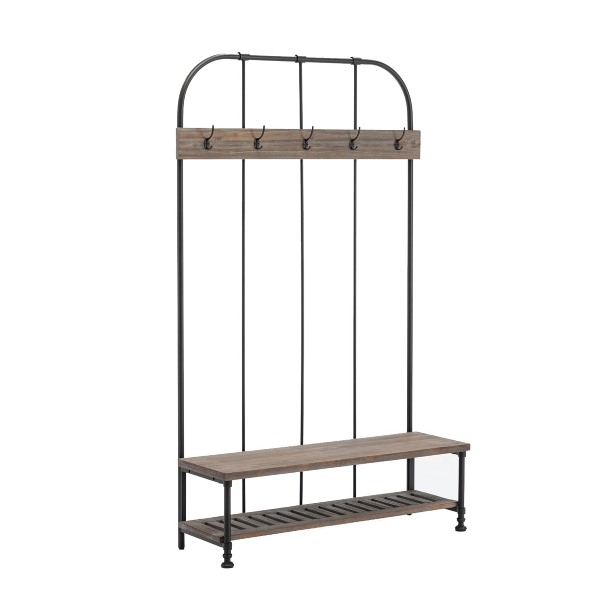 Wood And Metal Industrial Hall Tree With Bench, Brown- Saltoro Sherpi