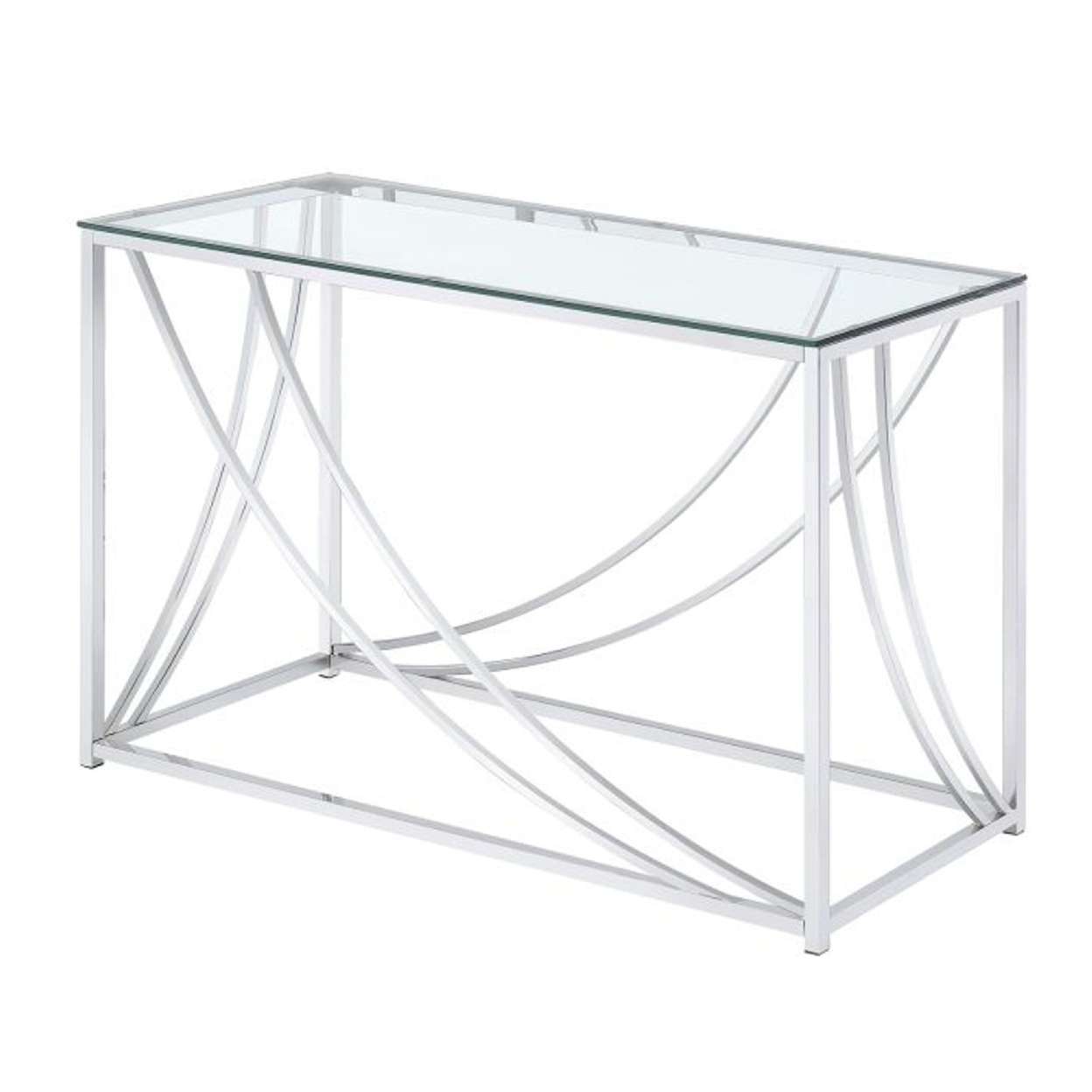 Glass Top Rectangular Sofa Table With Swooping Curves, Clear And Silver- Saltoro Sherpi