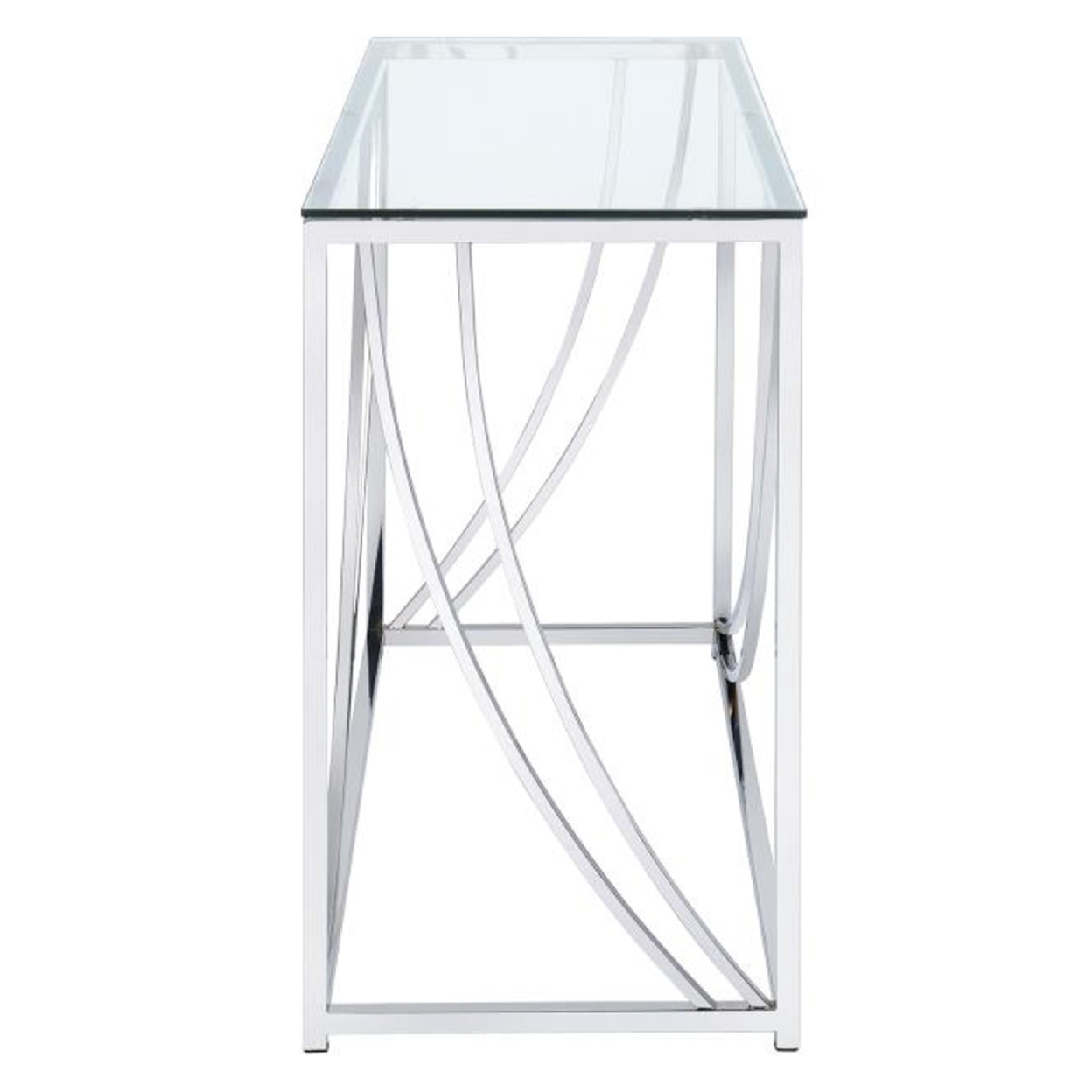 Glass Top Rectangular Sofa Table With Swooping Curves, Clear And Silver- Saltoro Sherpi