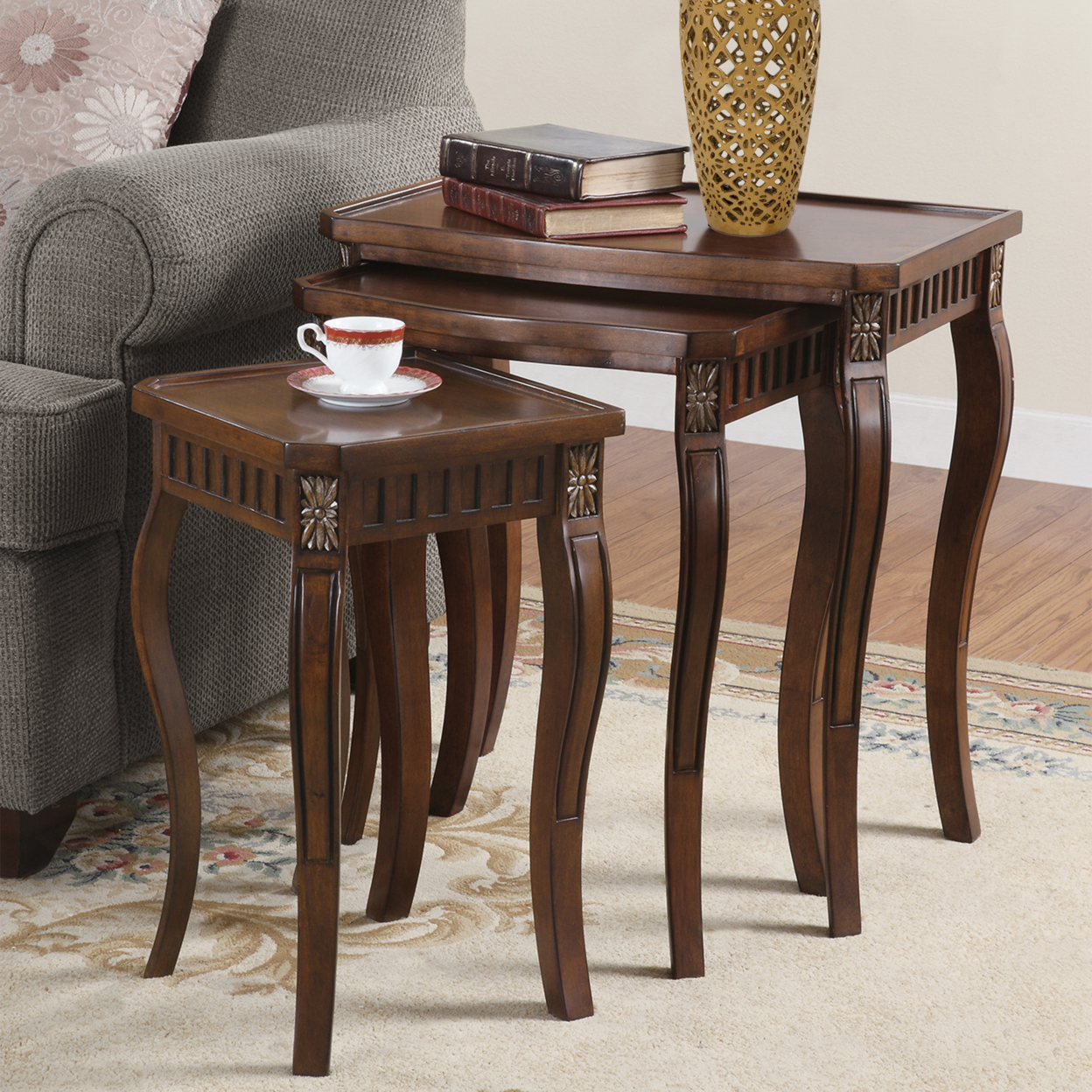 Set Of 3 Wooden Nesting Tables With Curved Legs, Brown- Saltoro Sherpi