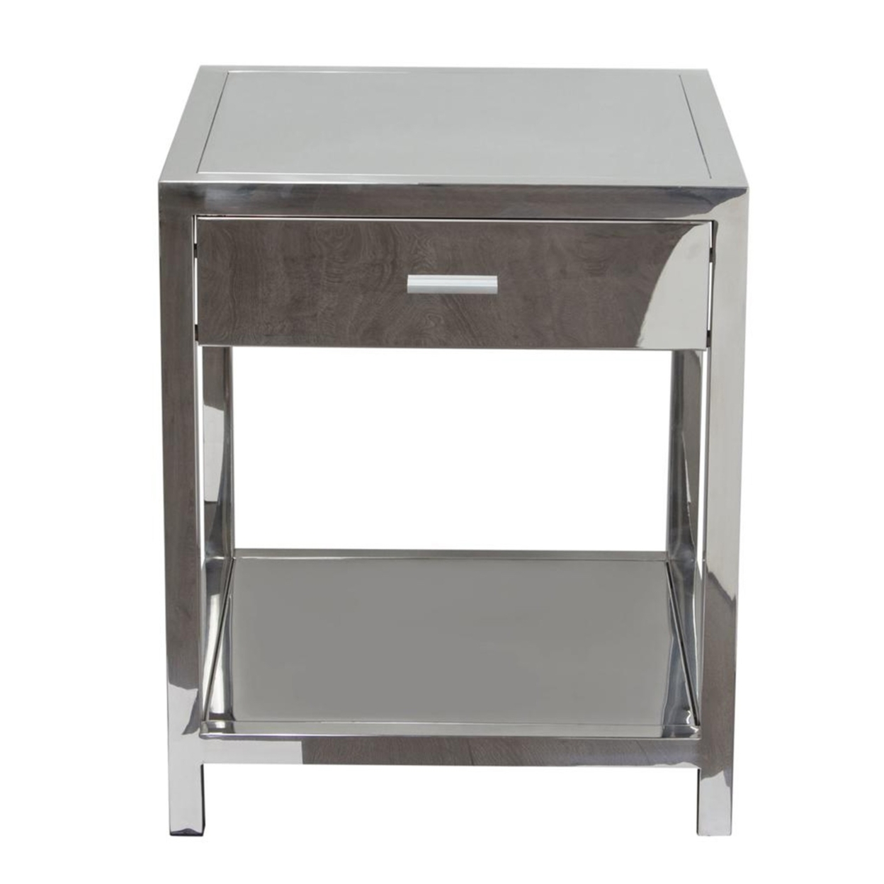 Square Stainless Steel Accent Table With One Drawer And Open Bottom Shelf, Silver- Saltoro Sherpi