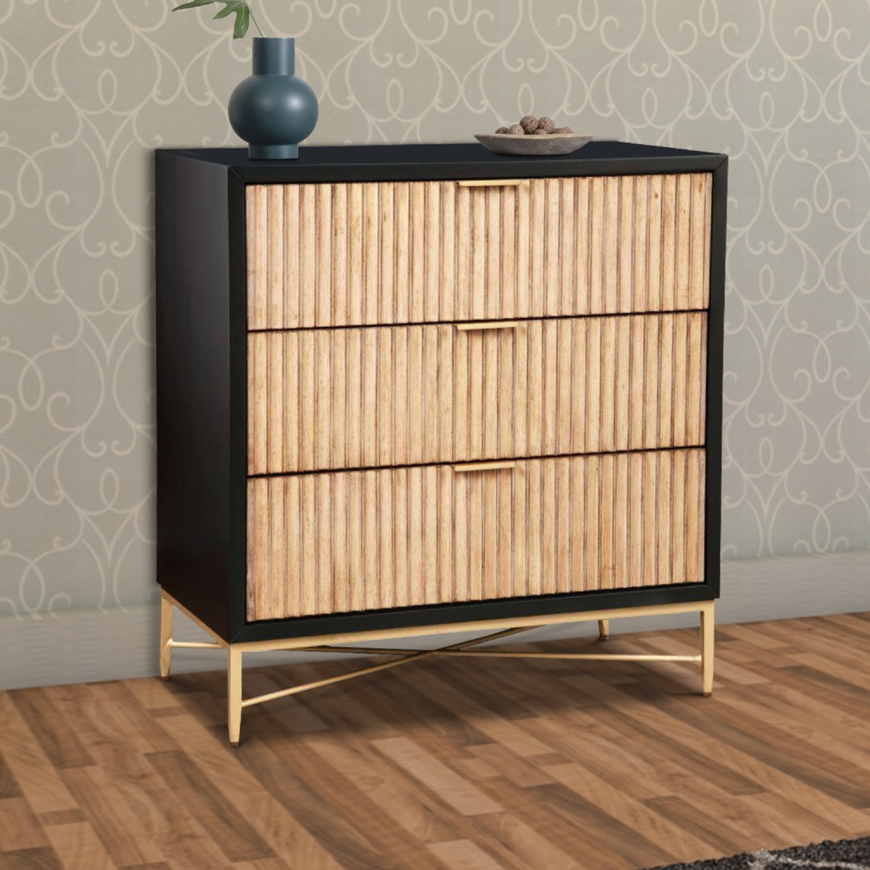 Accent Chest With 3 Corrugated Drawers And Metal Base, Black- Saltoro Sherpi