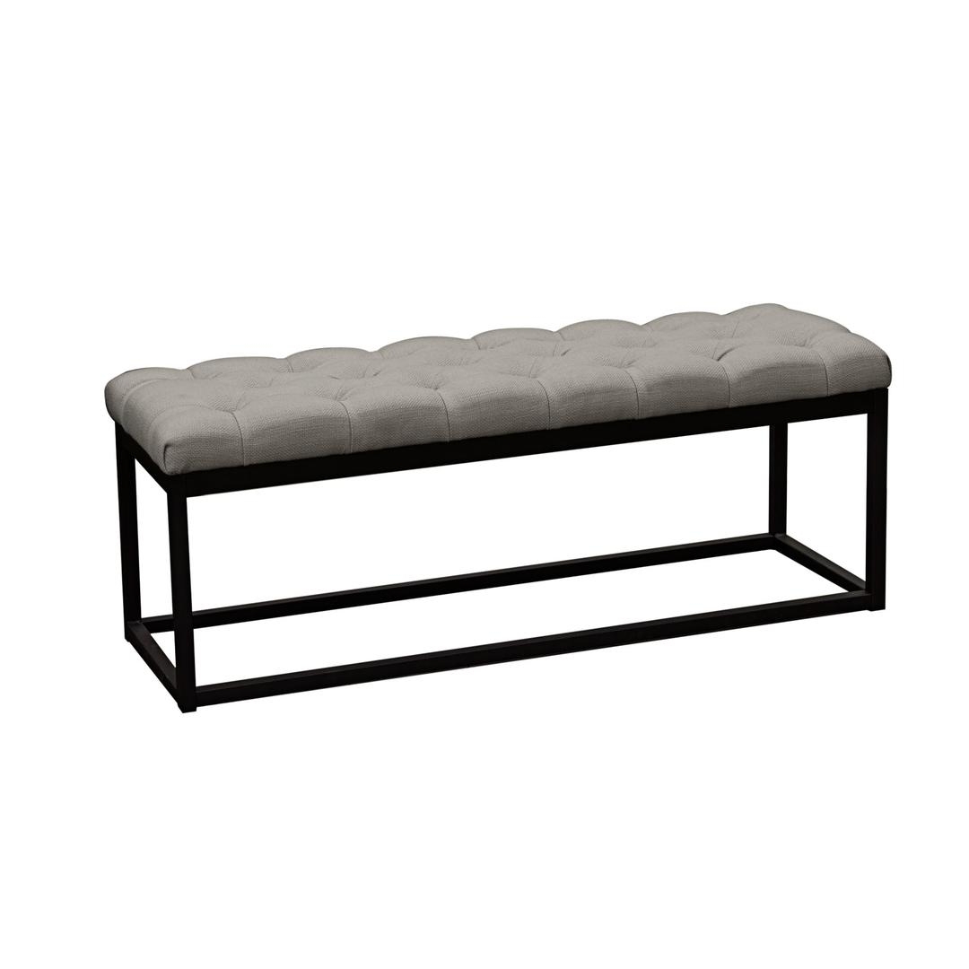 Linen Upholstered Metal Contemporary Bench With Diamond Tuft Details, Gray And Black- Saltoro Sherpi