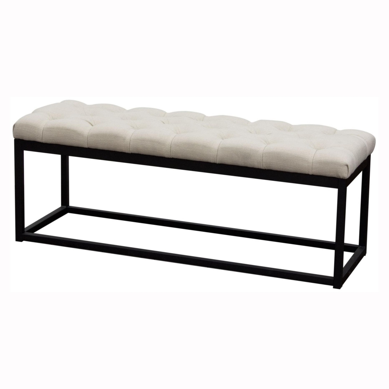 Linen Upholstered Metal Contemporary Bench With Diamond Tuft Details, Beige And Black- Saltoro Sherpi