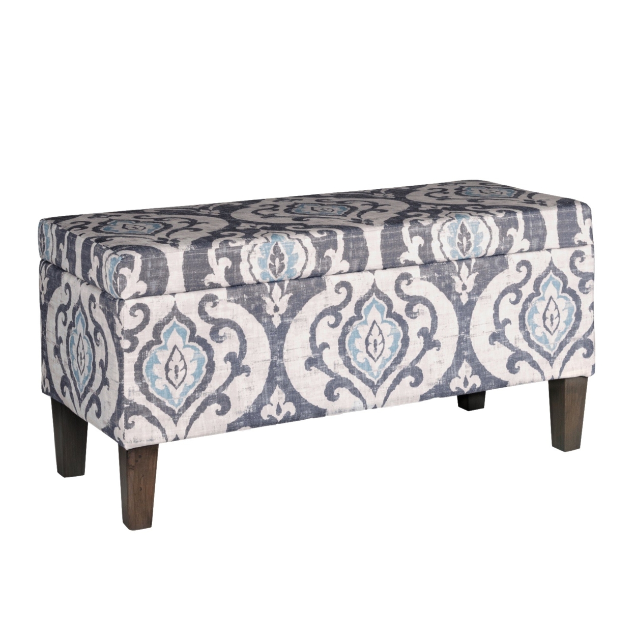 Damask Patterned Fabric Upholstered Wooden Bench With Hinged Storage, Large, Multicolor- Saltoro Sherpi