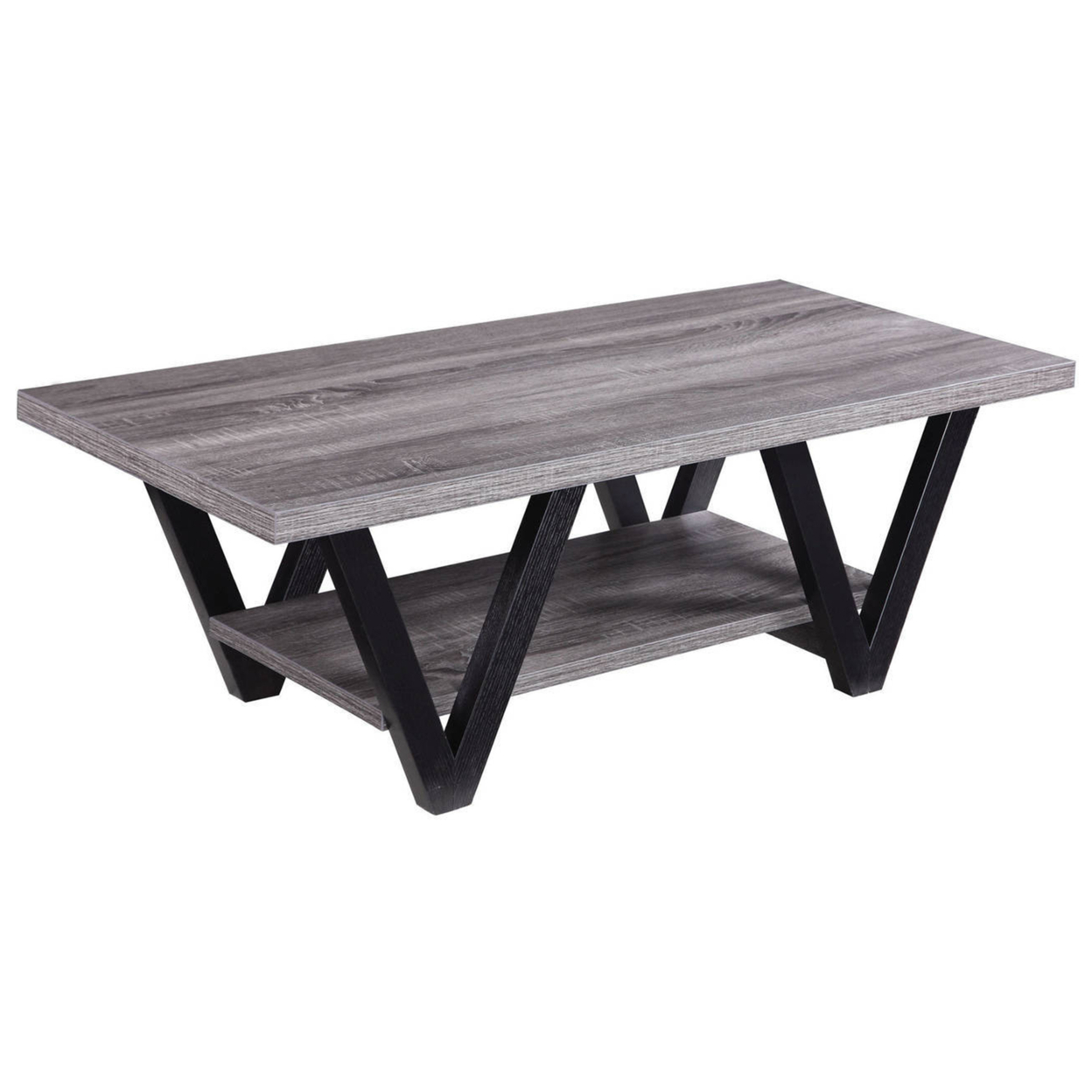 Zigzag Contemporary Solid Wooden Coffee Table With Bottom Shelf, Gray And Black- Saltoro Sherpi