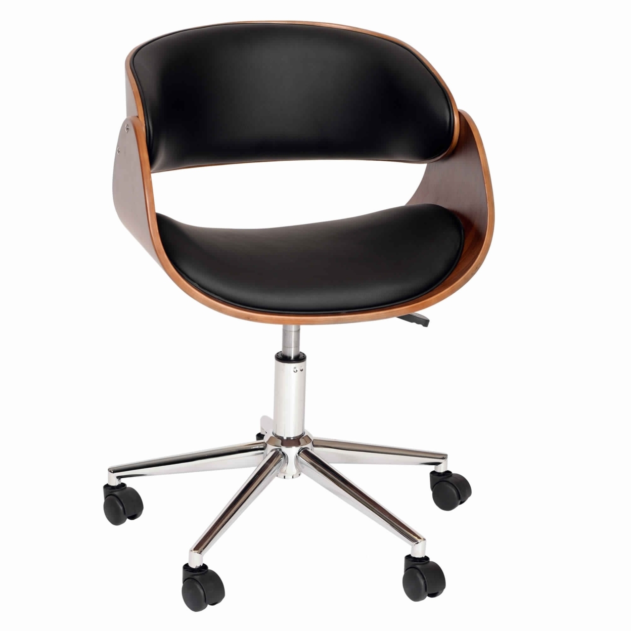 Wooden And Metal Office Chair With Curved Leatherette Seat, Brown And Black- Saltoro Sherpi