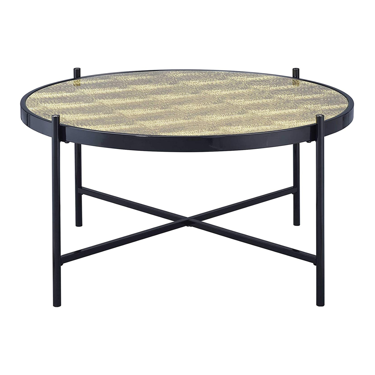 Metal Framed Round Coffee Table With X Shaped Support Crossbar, Brown And Black- Saltoro Sherpi