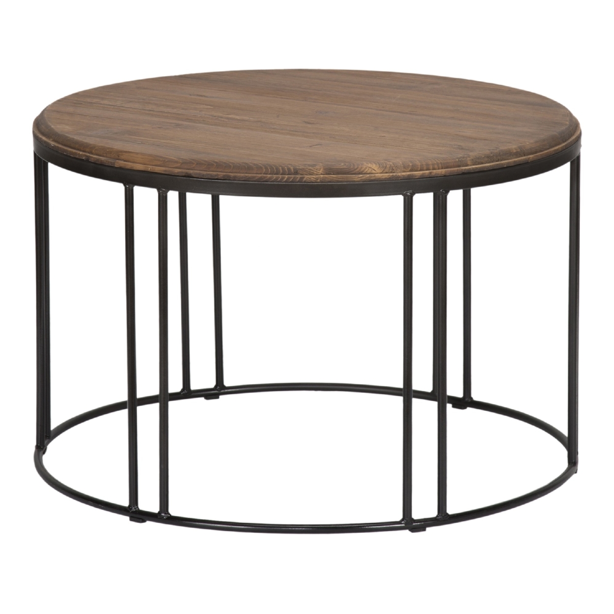 Iron Framed Round Coffee Table With Wooden Top, Brown And Black- Saltoro Sherpi