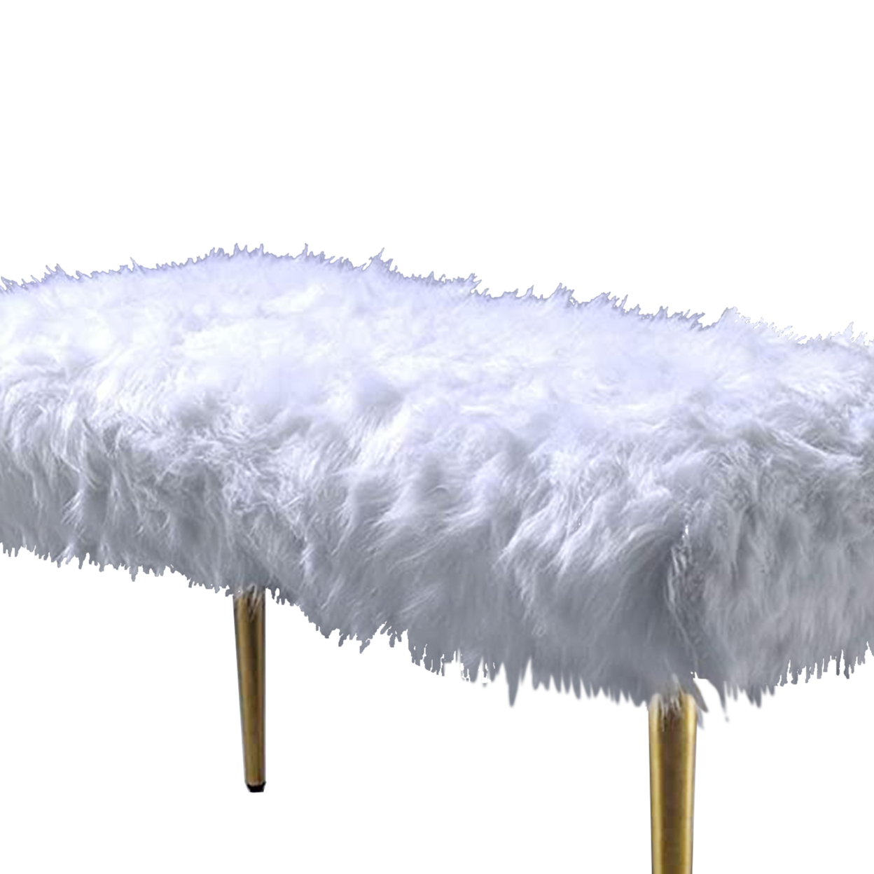 Modern Style Faux Fur Upholstered Metal Bench With Tapered Legs, White And Gold- Saltoro Sherpi